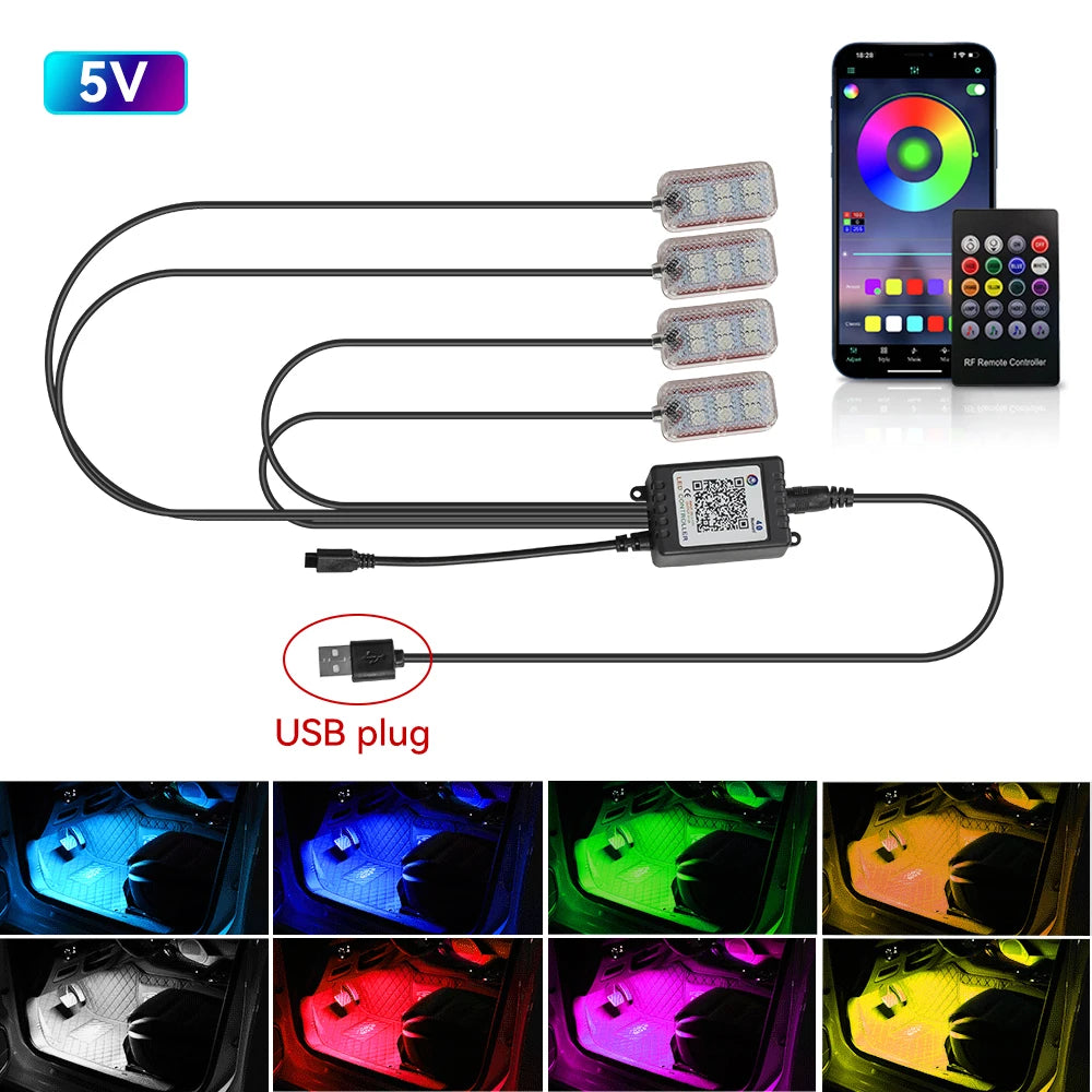 Auto Led Innen Umgebungs Fuß Streifen Licht Kit Mit USB Zigarette Leichter Hintergrundbeleuchtung Musik Steuerung App RGB Auto Dekorative Lampe