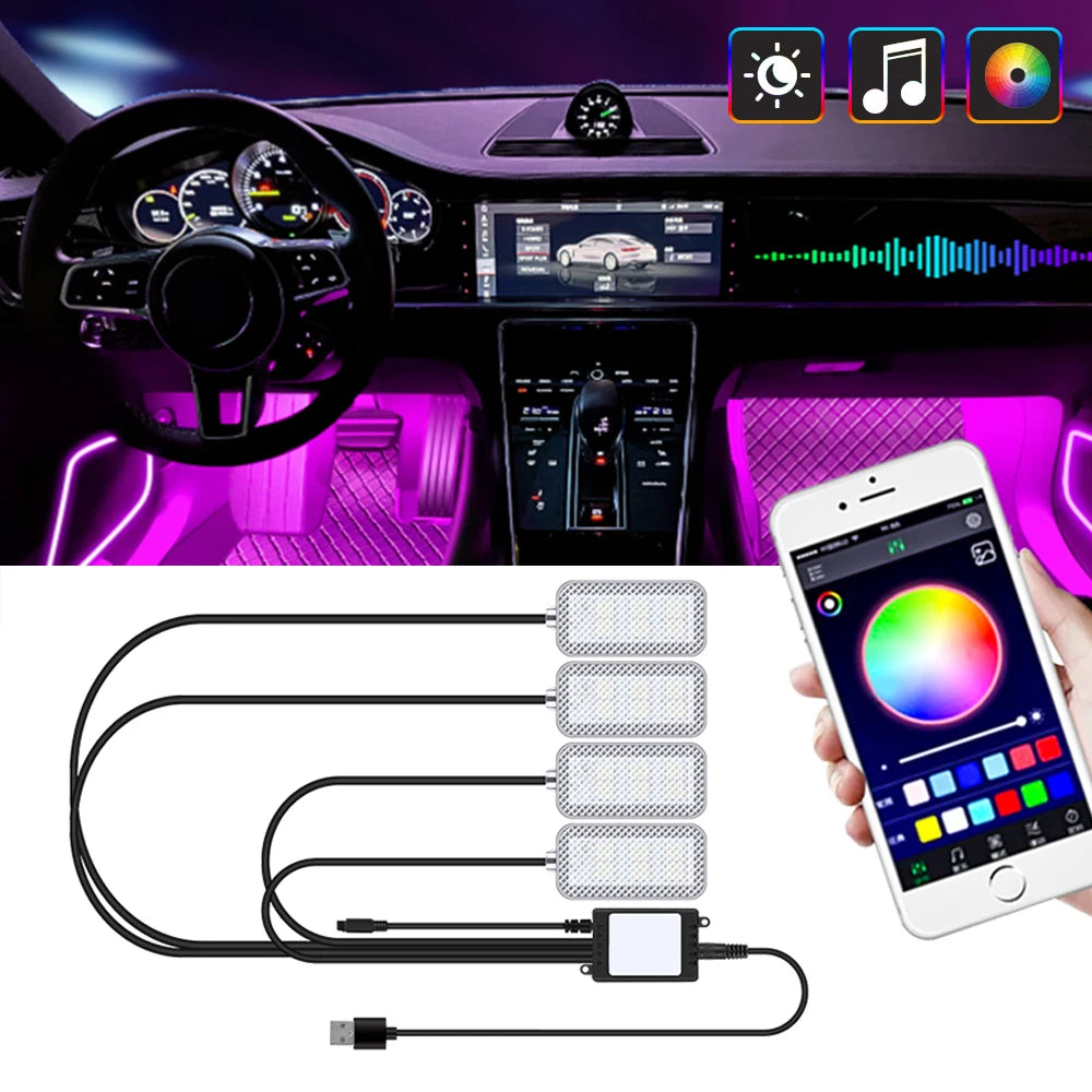Auto Led Innen Umgebungs Fuß Streifen Licht Kit Mit USB Zigarette Leichter Hintergrundbeleuchtung Musik Steuerung App RGB Auto Dekorative Lampe
