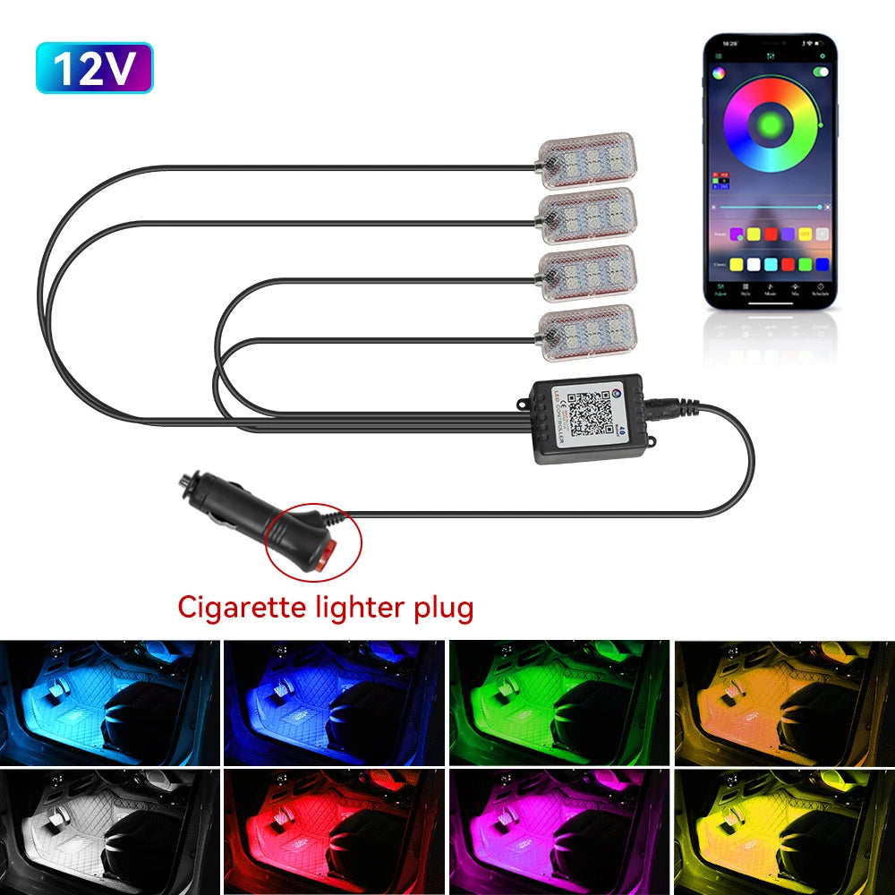 Auto Led Innen Umgebungs Fuß Streifen Licht Kit Mit USB Zigarette Leichter Hintergrundbeleuchtung Musik Steuerung App RGB Auto Dekorative Lampe
