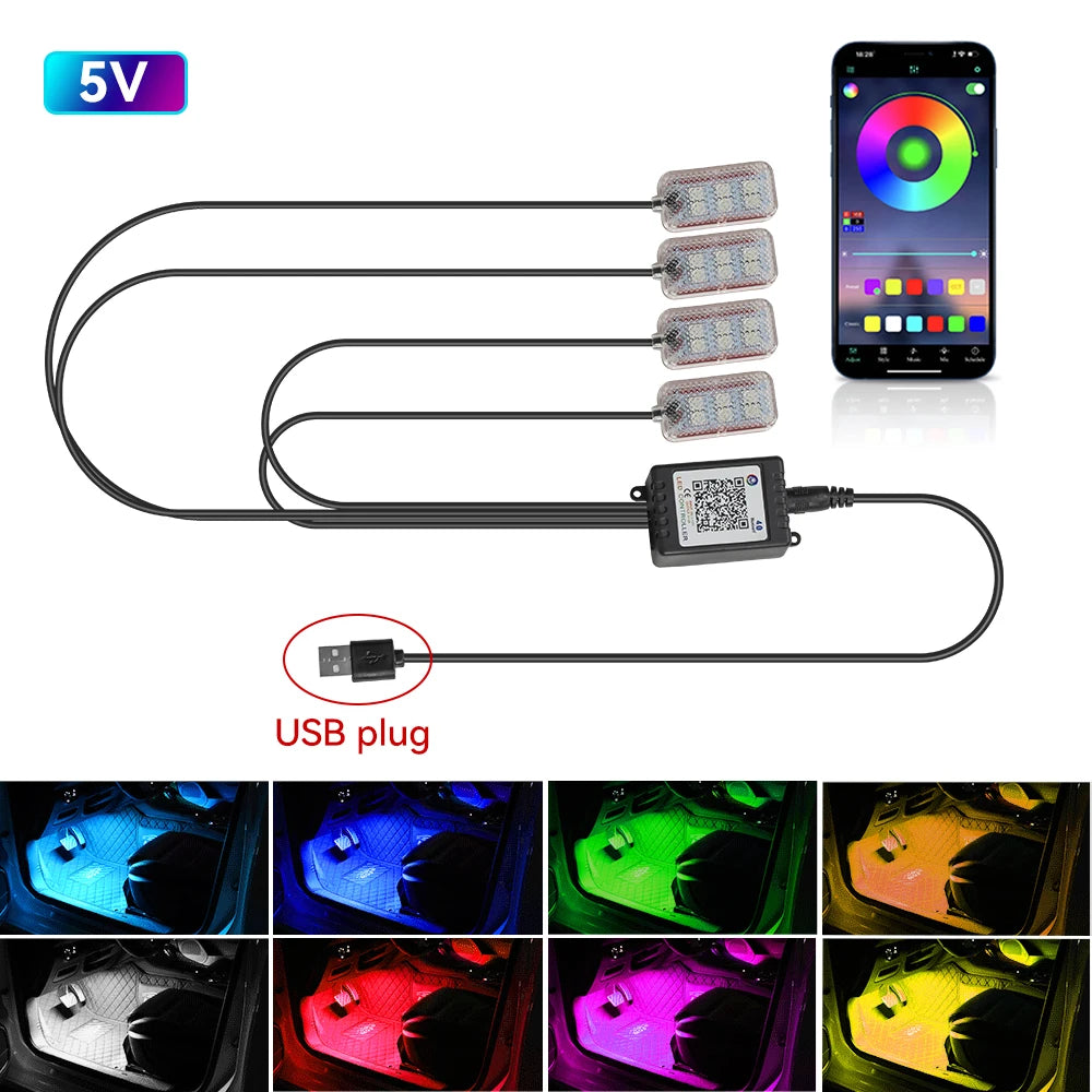 Auto Led Innen Umgebungs Fuß Streifen Licht Kit Mit USB Zigarette Leichter Hintergrundbeleuchtung Musik Steuerung App RGB Auto Dekorative Lampe