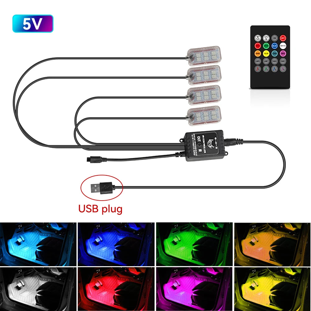 Auto Led Innen Umgebungs Fuß Streifen Licht Kit Mit USB Zigarette Leichter Hintergrundbeleuchtung Musik Steuerung App RGB Auto Dekorative Lampe