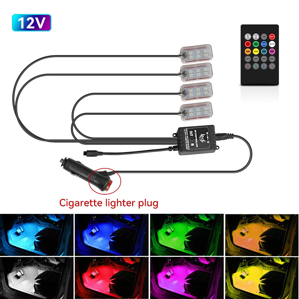 Auto Led Innen Umgebungs Fuß Streifen Licht Kit Mit USB Zigarette Leichter Hintergrundbeleuchtung Musik Steuerung App RGB Auto Dekorative Lampe