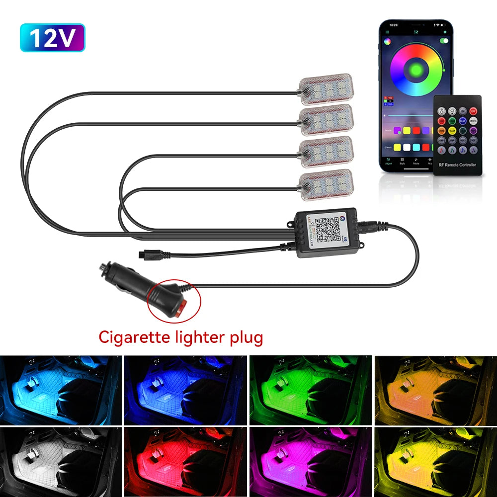 Auto Led Innen Umgebungs Fuß Streifen Licht Kit Mit USB Zigarette Leichter Hintergrundbeleuchtung Musik Steuerung App RGB Auto Dekorative Lampe